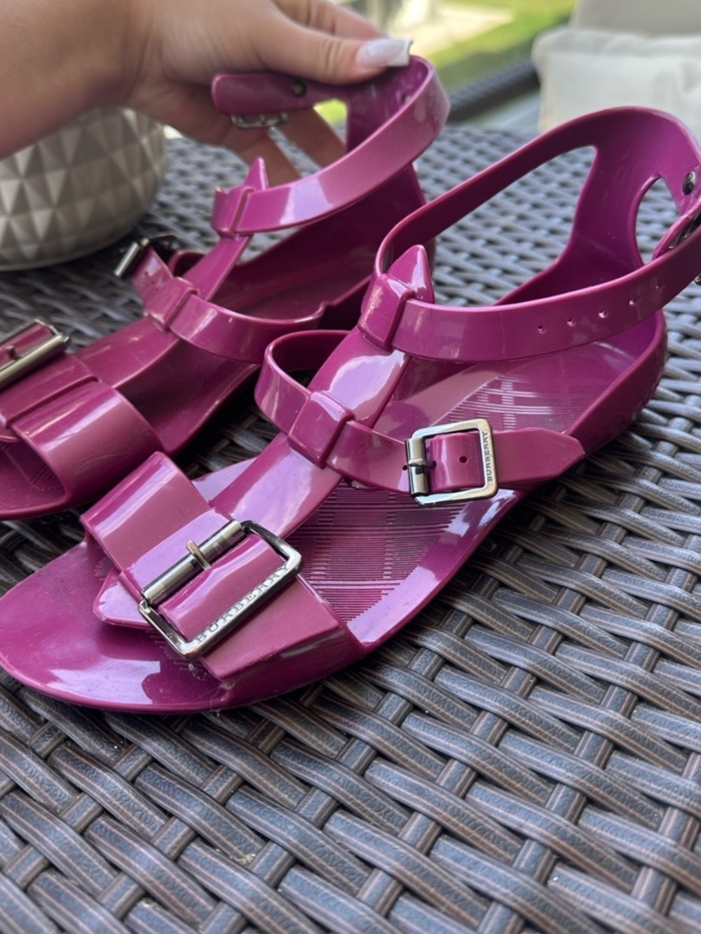 Burberry Glossy Magenta Buckle Sandals